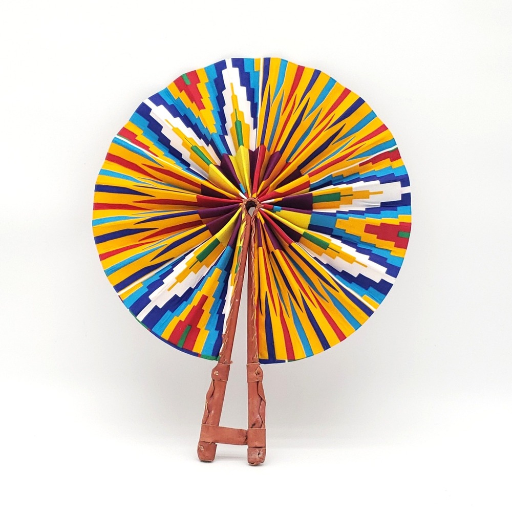 African Kente Print Folding Hand Fan Leather Handle Boho Tribal Festival Decor